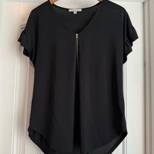 Green Envelope Black Ruffle Sleeve V-Neck Blouse